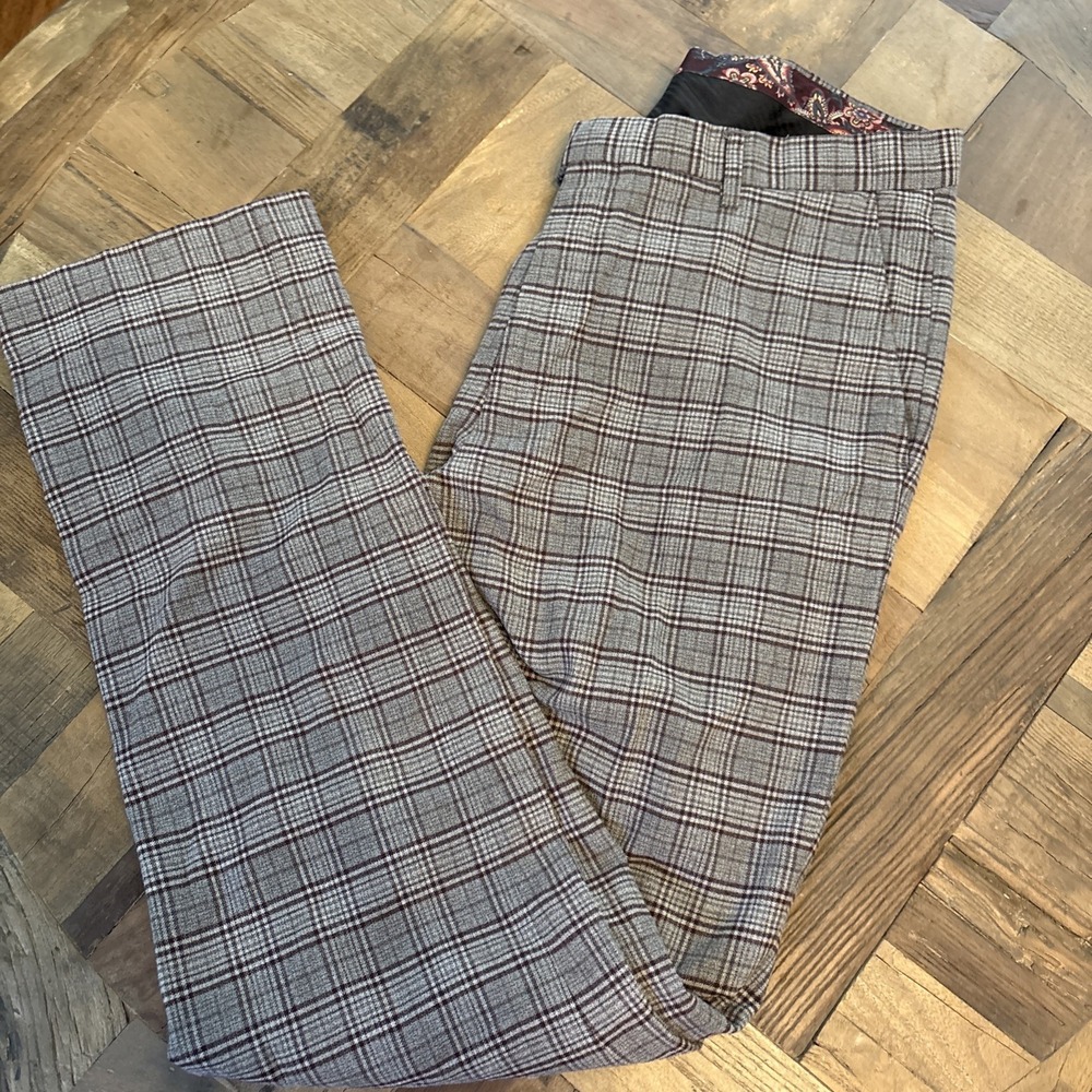 Paisley & Gray Men's Slim Fit Trousers Gray Burgundy Plaid Pants W32 L 32